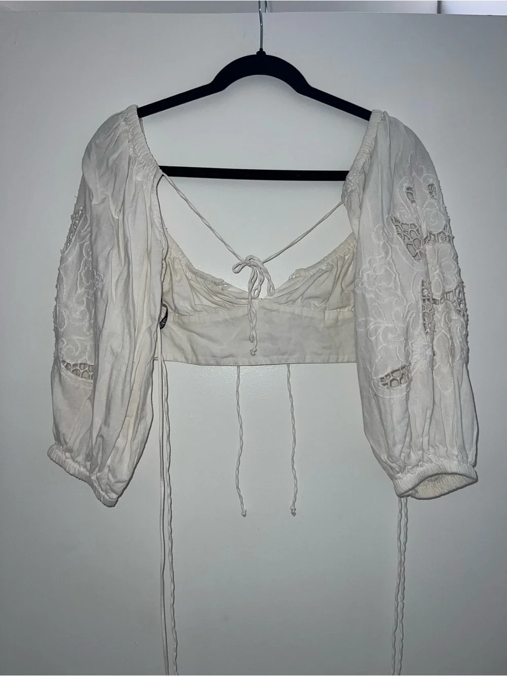Zara White Lace Puff Sleeve Tie Front Crop Top